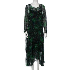 L.K. BENNETT Silk Long Dress (Green and Black)